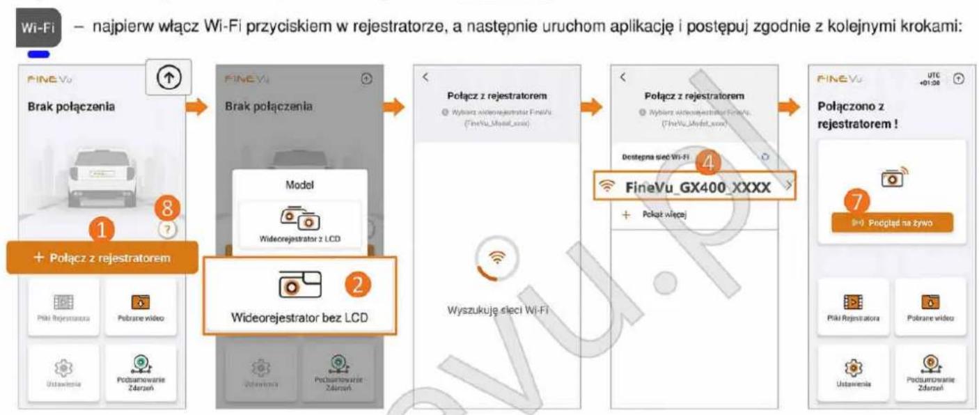 graph LR A["Brak połączenia"] --> B["Model"] B --> C["Wideorejestrator bez LCD"] C --> D["Wyszukuje śleci Wi-Fi"] D --> E["Połącz z rejestratorem"] E --> F["Data: Wybrarz widerejestrator FineVu (FineVu_Model_nxx)"] F --> G["Dostępna śleć Wi-Fi"] G --> H["FineVu_GX400_XXXX"] H --> I["Podłącz z rejest…