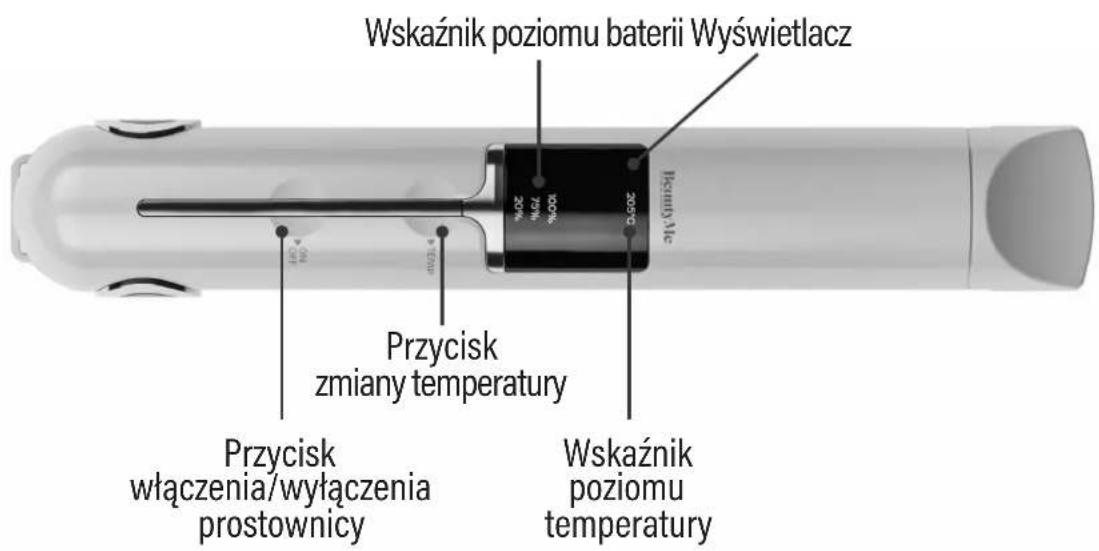 Wskaźnik poziomu baterii Wyświetlacz 100% 75% 20% 20°C Przycisk zmiany temperatury Przycisk włączenia/wyłączenia prostownicy Wskaźnik poziomu temperatury