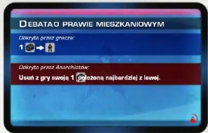 DEBATAO PRAWIE MIESZKANIOWYM Odkryta przez graścze: 1 → Odkryta przez Anarchistów: Usuń z gry swoją 1 położona najbardziej z lewej.
