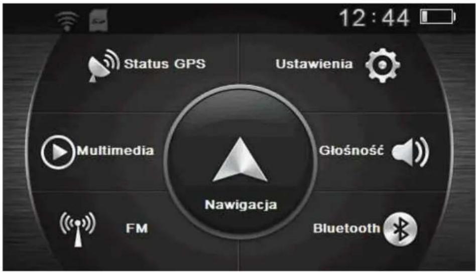 12:44 Status GPS Ustawienia Multimedia Głośność FM Bluetooth Nawigacja