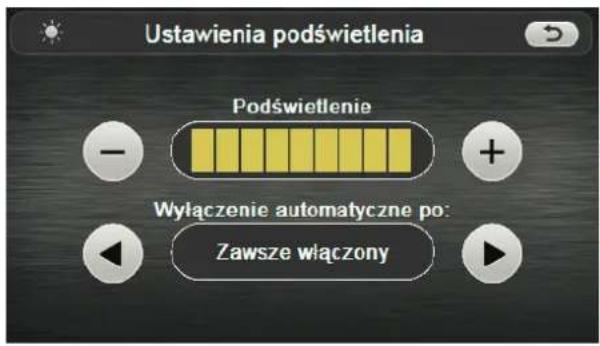Ustawienia podświetlenia Podświetlenie Wyłączenie automatyczne po: Zawsze włączony