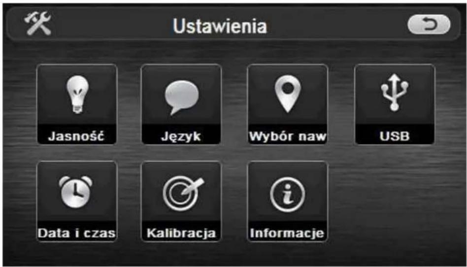 Ustawienia Jasność Język Wybór naw USB Data i czas Kalibracja Informacje