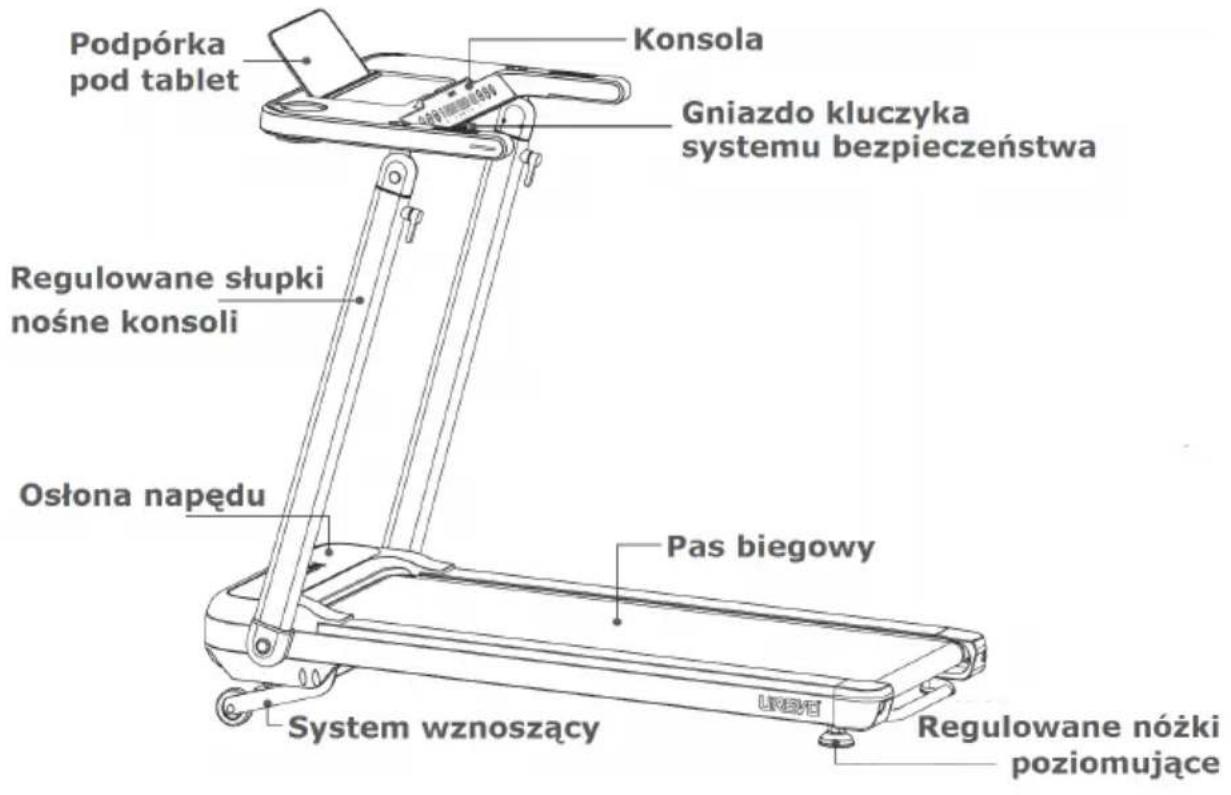 Podpórka pod tablet Konsola Gniazdo kluczyka systemu bezpieczenstwa Regulowane słupki nośne konsoli Osłona napędu Pas biegowy System wznoszący Regulowane nóżki poziomujące