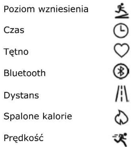 Poziom wzniesienia Czas Tętno Bluetooth Dystans Spalone kalorie Prędkość