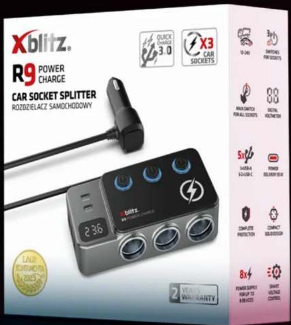 Xblitz® R9 POWER CHARGE CAR SOCKET SPLITTER ROZDZIELACZ SAMOCHODOWY 2:36 X3 CAR SOCKETS QUICK CHARGE 3.0 3x40V SWITCHES FOR SOCKETS MAX SWITCH FOR ALL SOCKETS 88 DIGITAL VOLTAMETER 5x40V 3-4GB-A 9-2GB-C POWER SELLERY 18 W COMPLETE PROTECTION COMPACT SOLID SCATCH 8x40V POWER SUPPLY FOR UP TO 8 SEVSETS SMART VOLTAGE CONTROL 2 YEARS WARRANTY