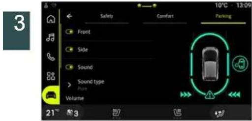 3 Safety Comfort Parking Front Side Sound Sound type Pure Volume 21° 3 10°C 13:09