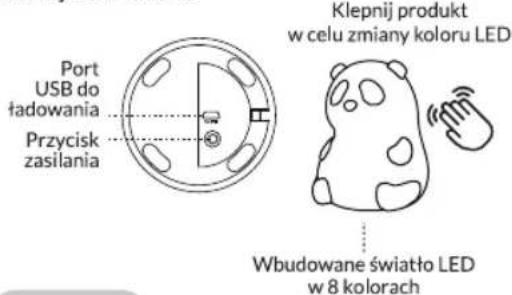 Port USB do fadowania Przycisk zasilania Klepnij produkt w celu zmiany koloru LED Wbudowane światło LED w 8 kolorach