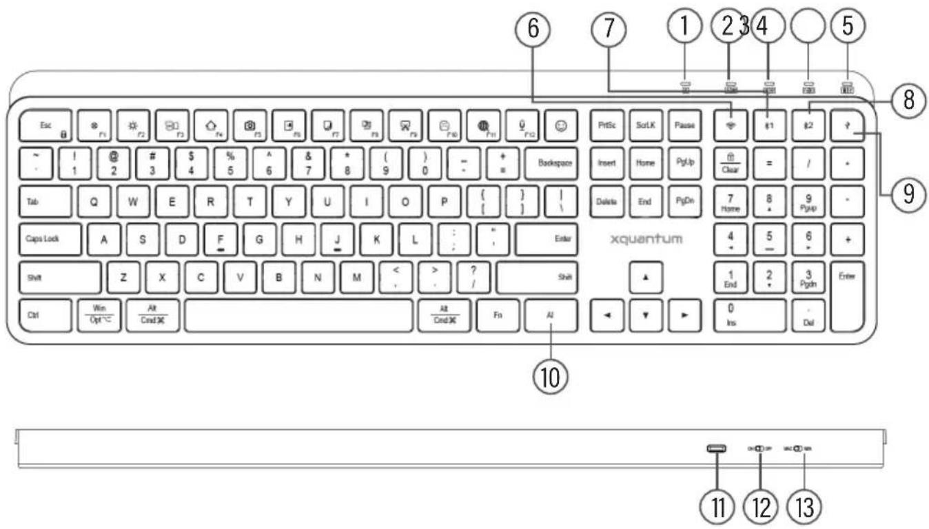 Esc ~ Tab Caps Lock Shift Ctrl 6 7 1 2 3 4 5 6 7 8 9 10 xquantum 11 12 13 PrSc SortLK Pause Insert Home PgUp Clear = / + Backspace Delete End PgDn Home 8 9 PpAp + Enter ? / Shift Alt Cnd.3K Fn Au Ins