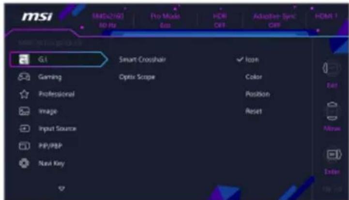 MSI S8042160 80 Hz Pro Mode Box HDMI OFF Adaptive Sync OFF HDMI 1 G.I Smart Cropphair Icon Gaming Optax Scope Color Professional Position Image Reset Input Source PPP/PBP New Key