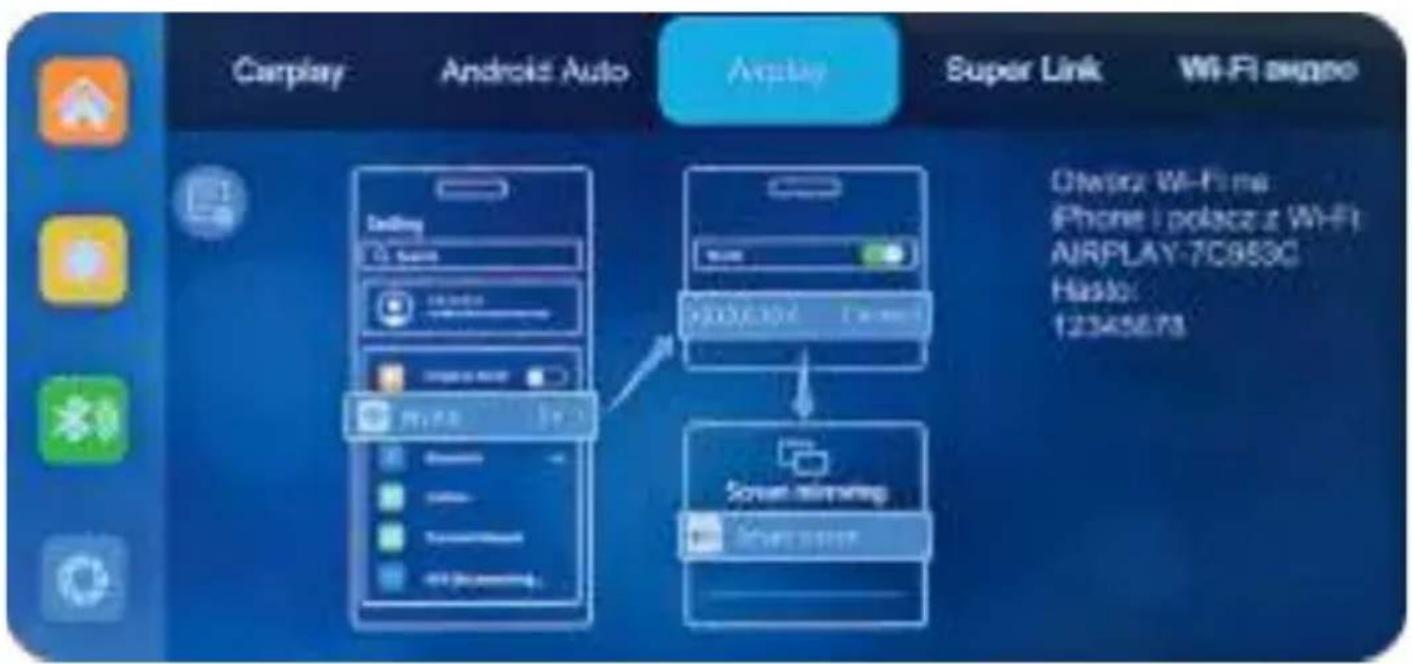 Carplay Android Auto Avplay Super Link Wi-Fi ###### On/902 Wi-Fi#e iPhone i polocz z Wi-Fi AIRPLAY-7C853C Hasto: 12345673 Carplay Android Auto