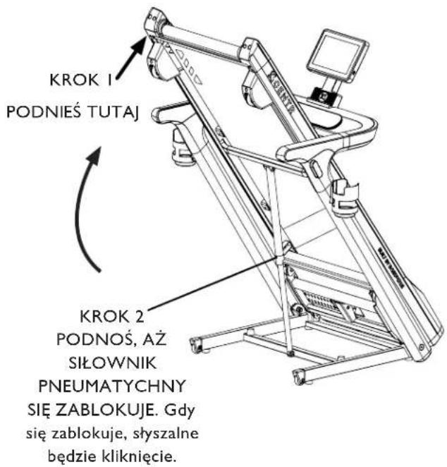 KROK 1 PODNIĘŚ TUTAJ KROK 2 PODNOŚ, AŻ SIŁOWNIK PNEUMATYCHNY SIĘ ZABLOKUJE. Gdy się zablokuje, słyszalne będzie kliknięcie.