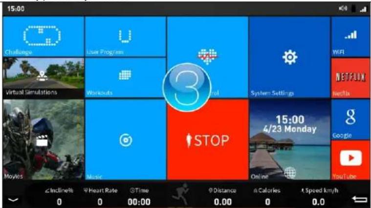 15:00 Challenge Virtual Simulations Moyles User Program Workouts Music STOP Stop System Settings WIFI NETFLIX Netflix 15:00 6/23 Monday Google YouTube Incline% Heart Rate Time Distance Calories Speed km/h 0 0 00:00 0.00 0 0.0