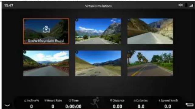 15:47 Virtual simulations Snow Mountain Road ≤Incline/h Heart Rate Time Distance Calories 4 Speed km/h 0 0 0:00:00 0.00 0.0 0.0