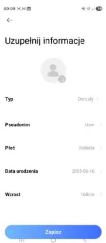 Uzupełnij informacje Typ Dorosły Pseudonim User Płeć Kobieta Data urodzenia 2005-06-16 Wzrost 168cm Zapisz
