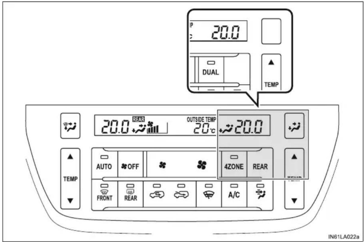 20.0 DUAL TEMP 20.0 REAR OUTSIDE TEMP 20°C 20.0 AUTO OFF 4ZONE REAR FRONT REAR A/C TEMP IN61LA022a