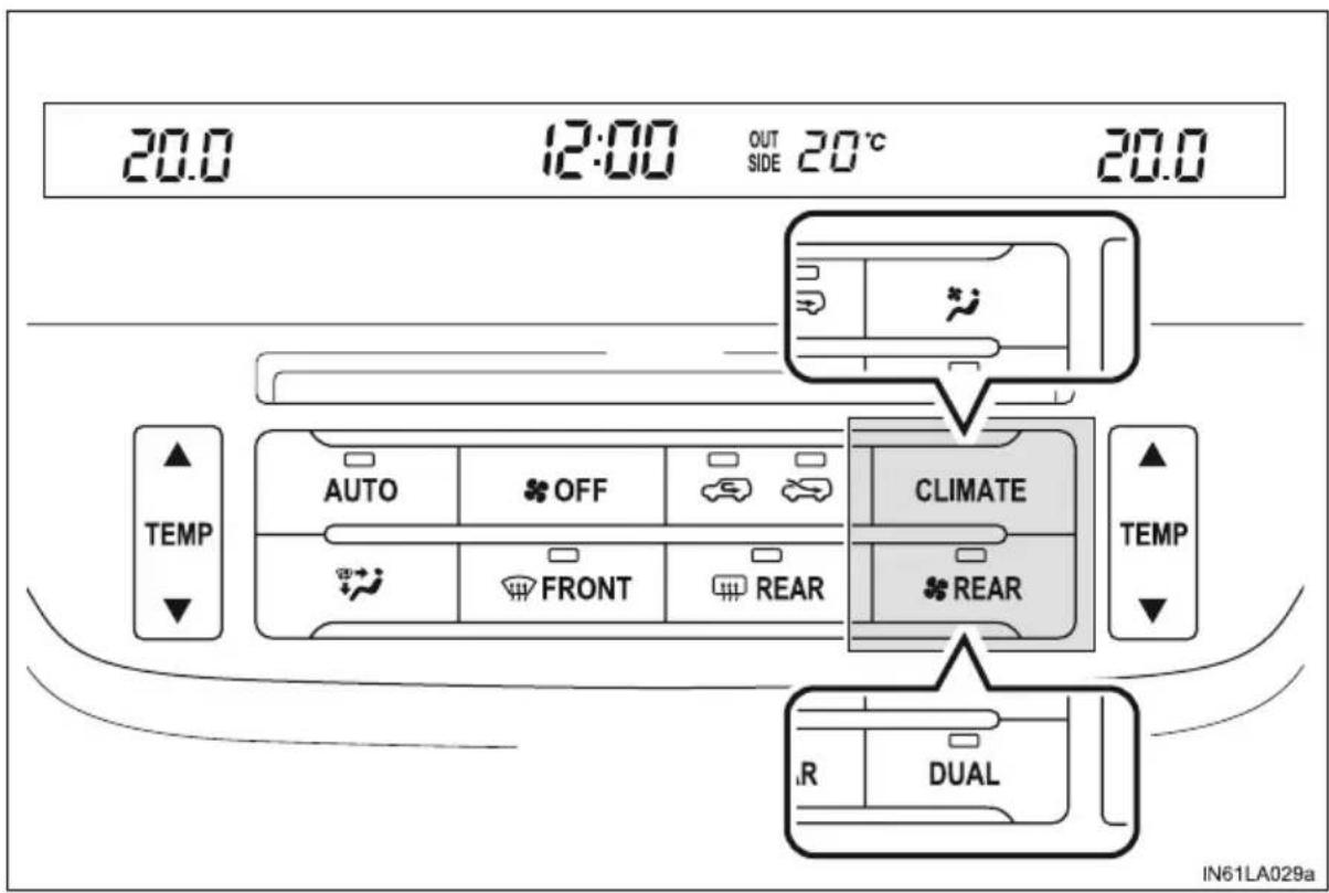 20.0 12:00 OUT SIDE 20°C 20.0 ▲ AUTO OFF CLIMATE ▲ TEMP FRONT REAR R REL DUAL IN61LA029a