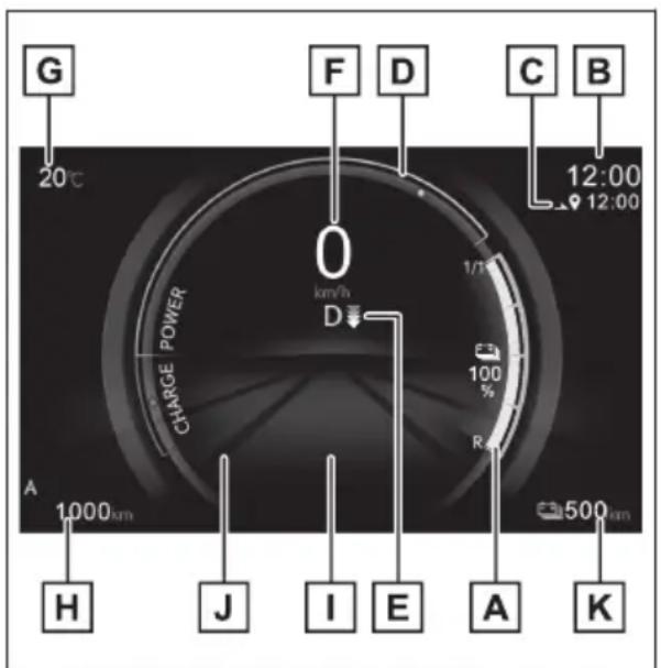 G 20°C F D C B 12:00 12:00 0 km/h D POWER CHARGE A 1,000 km R 1/10 100% F 500 km H J I E A K