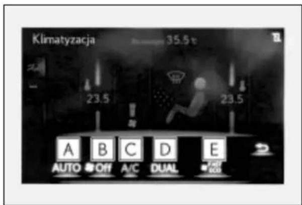Klimatyzacja 35.5°C 23.5 23.5 AUTO B C D E OFF A/C DUAL 100%