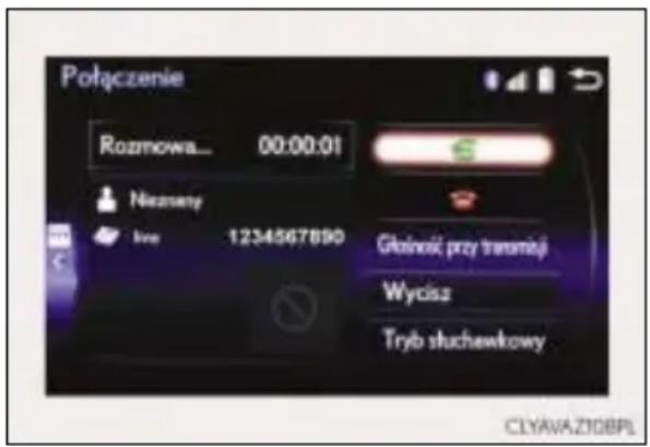 Połączenie Rozmowa... 00:00:01 Nezemny live 1234567890 Głańoś przy technąj Wyciesz Tryb słuchawkowy CLYAVA ZTOBPL