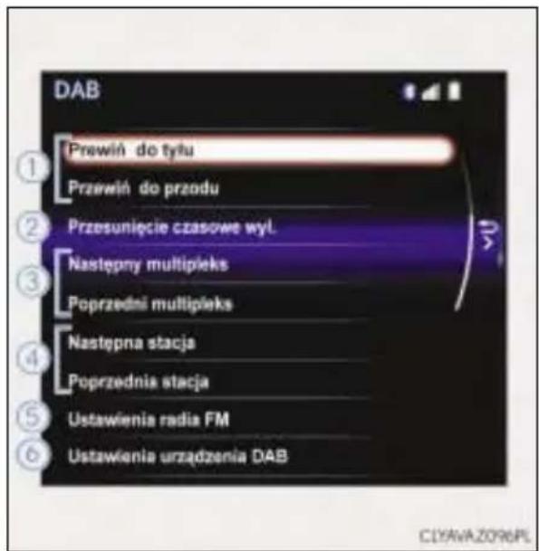 DAB 1 Prewiń do tyłu 2 Przewiń do przodu 3 Przesunięcie czasowe wyl. 4 Następny multipleks 5 Poprzedni multipleks 6 Następna stacja 7 Poprzednia stacja 8 Ustawienia radia FM 9 Ustawienia urządzenia DAB CJYAVA Z096PL