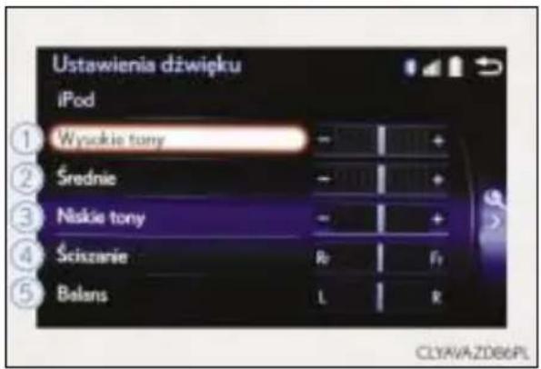 Ustawienia dźwięku iPod ① Wynokie tony ② Średnie ③ Niskie tony ④ Ściszanie ⑤ Balans CLYAVA ZD66PL