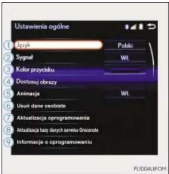 Ustawienia ogólne Jęczyk Polsku Sygnał Wt. Kolor przycisku Dastosuj obrazy Animacja Wt. Usut dane osobiste Aktualizacja oprogramowania Aktualizacja bazy danych seresiu Grocenota Informacje o oprogramowaniu PL1004LIFOM