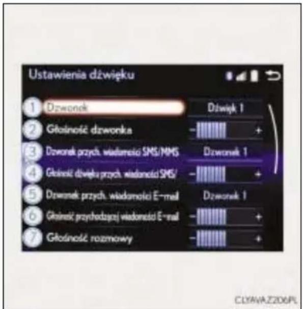 Ustawienia dźwięku ① Dzwonek Dzwiek 1 ② Głośność drzwonka - + ③ Dzwonek przych. wiadomości SMS/MMS Dzwonek 1 ④ Głośność drzewią przych. wiadoności SMS/ - + ⑤ Dzwonek przych. wiadomości E-mail Dzwonek 1 ⑥ Głośność przychodzązy wiadoności E-mail - + ⑦ Głośność rozmowy - +