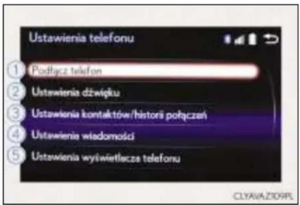 Ustawienia telefonu ① Podłącz telefon ② Ustawienia dźwięku ③ Ustawienia kontaktów/histori połączeń ④ Ustawienie wielomość ⑤ Ustawienia yrsiświetlecza telefonu CLYAVA ZTO9PL