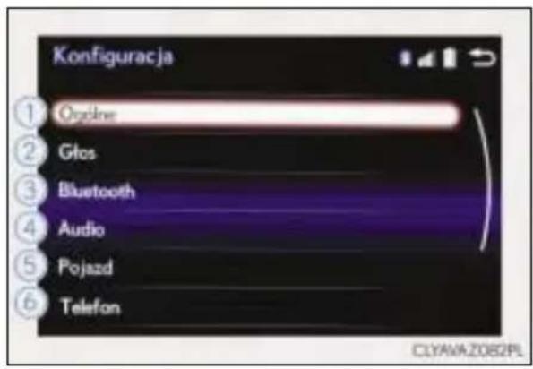 Konfiguracja ① Ogadne ② Głos ③ Bluetooth ④ Audio ⑤ Pojazd ⑥ Telefon CLYAWAZ082PL