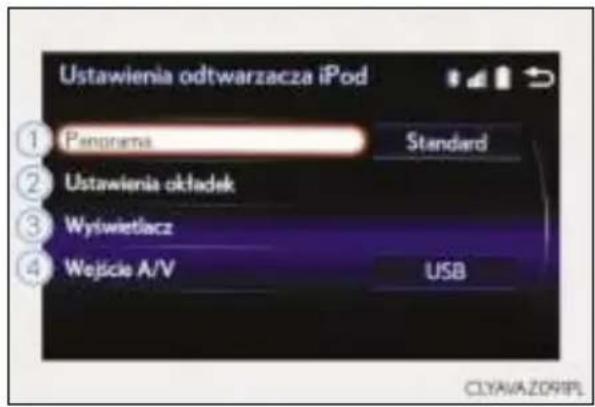 Ustawienia odtwarzacza iPod ① Panorama Standard ② Ustawienia oktadek ③ Wytwietlacz ④ Wejście A/V USB CLYAVAZOWIPL