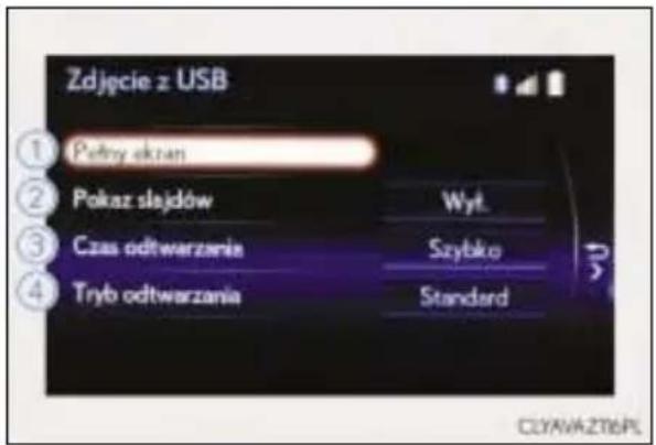 Zdjęcie z USB ① Półny ekran ② Pokaz slajdów Wyt. ③ Czas odtwarzania Szybkop ④ Tryb odtwarzania Standard CLYAVA.ZT6PL