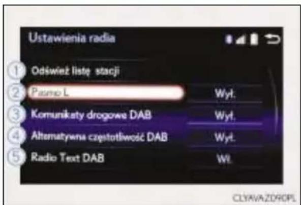 Ustawienia radia ① Odiwież listę stacji ② Pasmo L Wyt. ③ Komunikaty drogowe DAB Wyt. ④ Alternatywna częstotliwość DAB Wyt. ⑤ Radio Text DAB Wt. CLYAVAZDROPL