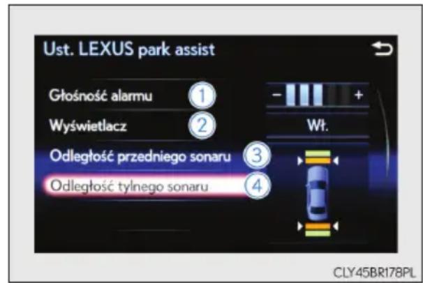 Ust. LEXUS park assist Głośność alarmu ① Wyswietlacz ② Odległość przedniego sonaru ③ Odległość tylnego sonaru ④ Wt. CLY45BR178PL