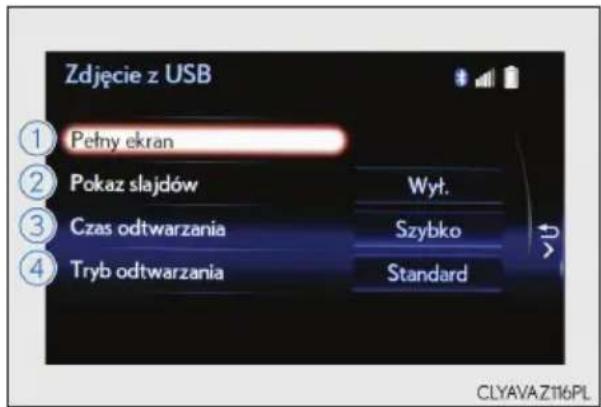 Zdjęcie z USB ① Petny ekran ② Pokaz slajdów Wył. ③ Czas odtwarzania Szybko ④ Tryb odtwarzania Standard CLYAVAZ116PL