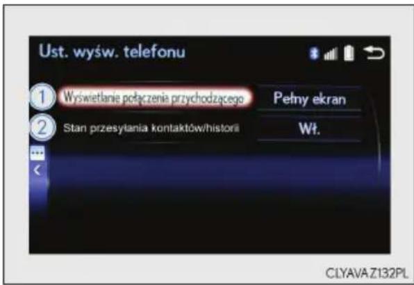 Ust. wyśw. telefonu ① Wyświetlanie połączenia przychodzącego Pehny ekran Wt. ② Stan przesyłania kontaktów/histori