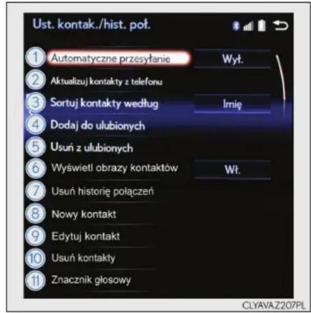 Ust. kontak./hist. poł. 1 Automatyczne przesyłanie Wyt. 2 Aktualizuj kontakty z telefonu 3 Sortuj kontakty według Imię 4 Dodaj do ulubionych 5 Usuń z ulubionych 6 Wyświetl obrazy kontaktów Wt. 7 Usuń historię połączeń 8 Nowy kontakt 9 Edytuj kontakt 10 Usuń kontakty 11 Znacznik głosowy CLYAVAZ207PL