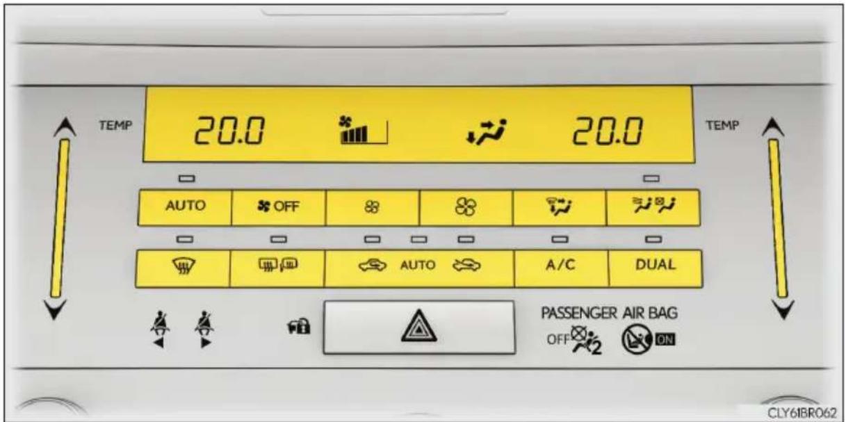 TEMP 20.0 20.0 TEMP AUTO OFF AUTO A/C DUAL PASSENGER AIR BAG OFF ON CLY6IBRO62
