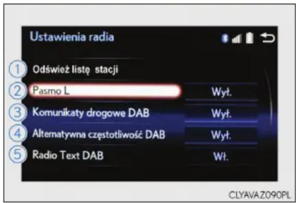 Ustawienia radia ① Odśwież listę stacji ② Pasmo L Wyt. ③ Komunikaty drogowe DAB Wyt. ④ Alternatywna częstotliwość DAB Wyt. ⑤ Radio Text DAB Wt. CLYAVA.Z090PL