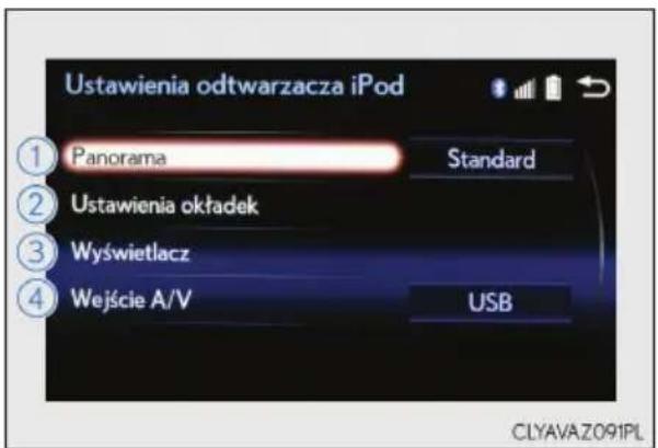 Ustawienia odtwarzacza iPod ① Panorama Standard ② Ustawienia okładek ③ Wyświetlacz ④ Wejście A/V USB CLYAVA Z091PL