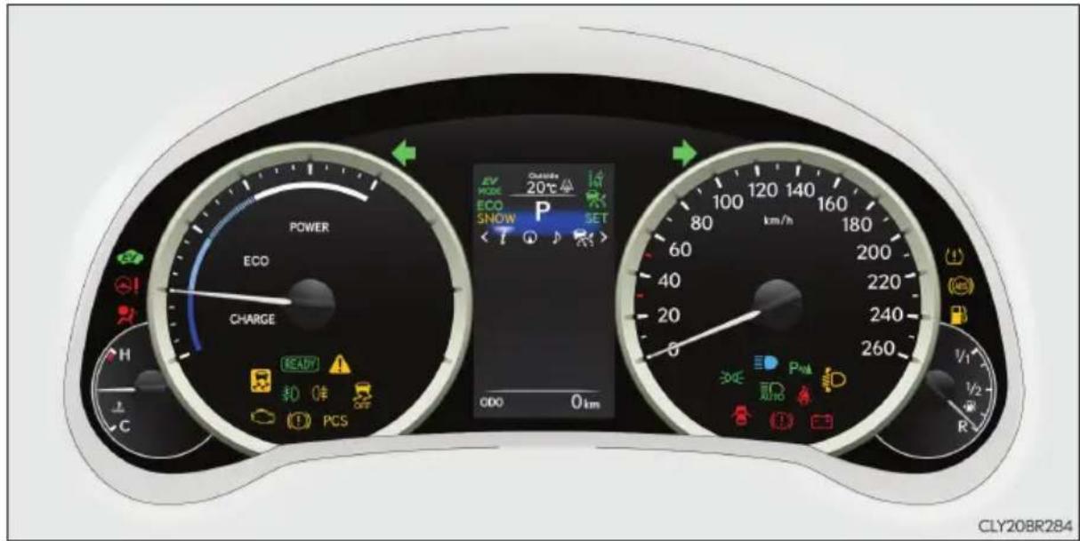 POWER ECO CHARGE READY PCS CDO 0 km Outside 20°C ECO SNOW P SET 100 140 160 80 km/h 180 60 200 40 220 20 240 0 260 V1 V2 R CLY20BR284