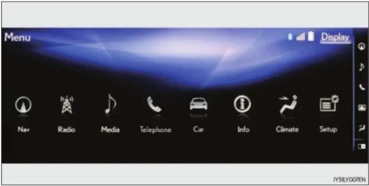 Menu Display Nav Radio Media Telephone Car Info Climate Setup IY5IYD07EN