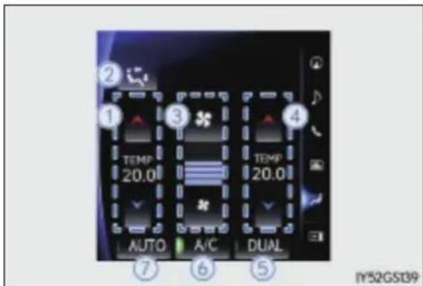 2 1 TEMP 20.0 3 4 TEMP 20.0 AUTO A/C DUAL 7 6 5 IY52GS139