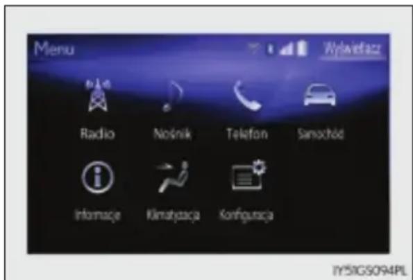 Menu Wylwefasz Radio Noknik Telefon Sanochód Informacje Klimyśacja Konfiguracja TY5IGS094PL