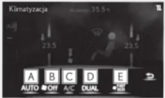 Klimatyzacja 35.5V 23.5 23.5 A B C D E AUTO Off A/C DUAL Fast 800