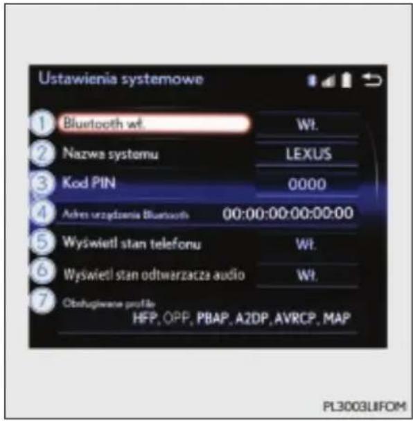 Ustawienia systemowe 1 Bluetooth wt. Wt. 2 Nazwa systemu LEXUS 3 Kod PIN 0000 4 Adres urządzenia Bluetooth 00:00:00:00:00:00 5 Wyświetl stan telefonu Wt. 6 Wyświetl stan odtwarzacza audio Wt. 7 Obługiwane profile HFP, OPP, PBAP, A2DP, AVRCP, MAP PL3003LIFOM