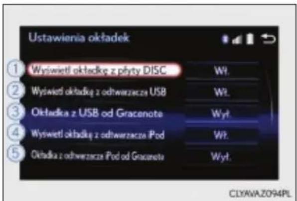 Ustawienia okładek ① Wyświetl okładkę z płyty DISC ② Wyświetl okładkę z odtrwarzacza USB ③ Okładka z USB od Graconote ④ Wyświetl okładkę z odtrwarzacza iPod ⑤ Okładka z odtrwarzacza iPod od Graconote Wt. Wt. Wyt. Wt. Wyt.