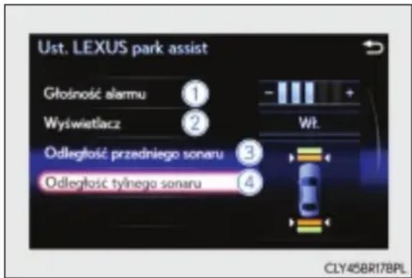 Ust. LEXUS park assist Głośność alarmu ① Wyswietlacz ② Wt. Odległość przedniego sonaru ③ Odległość tylnego sonaru ④ CLY458R17BPL