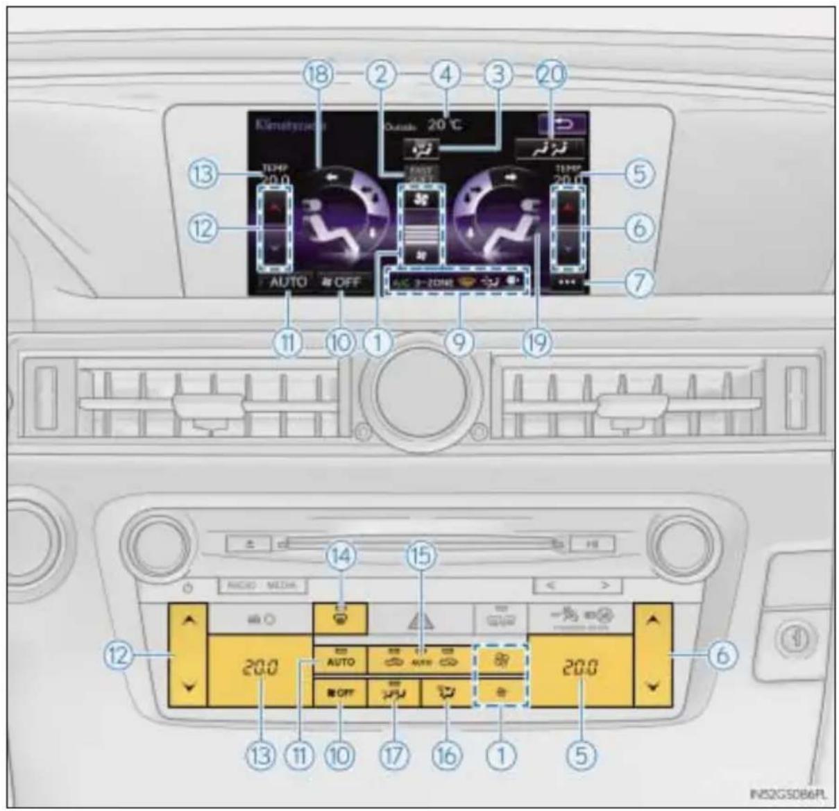 18 2 4 3 20 TEMP 20.0 OUTside 20℃ 5 13 12 AUTO OFF 7 11 10 1 9 19 15 RADIO MEDIA 20.0 AUTO OFF 20.0 6 13 11 10 17 16 1 5 INS2GS0B6PL