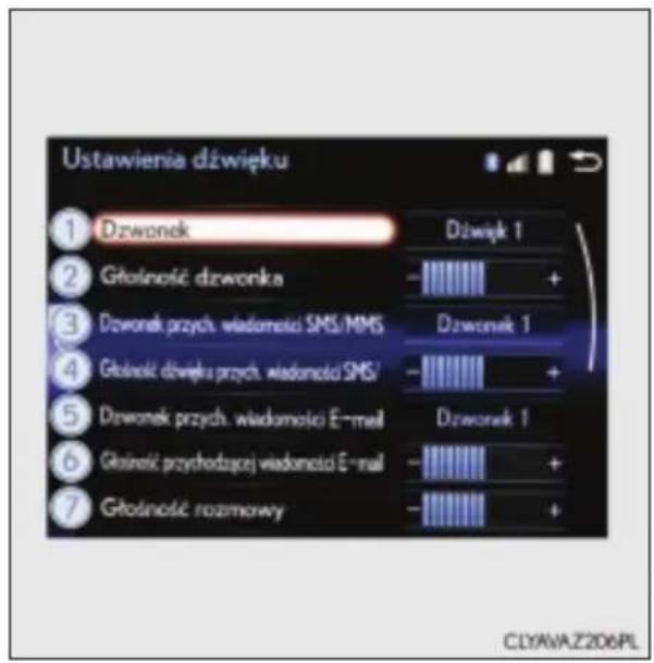 Ustawienia dźwięku 1 Dzwonek 2 Głośność dzwonka 3 Dzwonek przych. wiadomości SMS/MMS 4 Głośność dwięku przych. wiadomości SMS/ 5 Dzwonek przych. wiadomości E-mail 6 Głośność przychodzącej wiadomości E-mail 7 Głośność rozmowy Dźwięk 1 Dzwonek 1 Dzwonek 1 + + + CLYAVAZ206PL