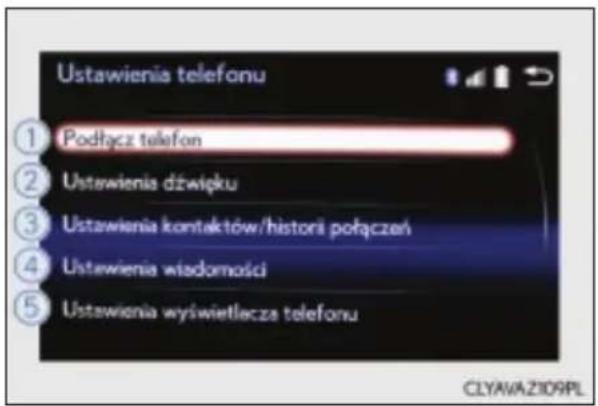 Ustawienia telefonu 1 Podłącz telefon 2 Ustawienia dźwięku 3 Ustawienia kontaktów/histori połączeń 4 Ustawienia wiądomości 5 Ustawienia wyswietlecza telefonu CLYAVAZI09PL